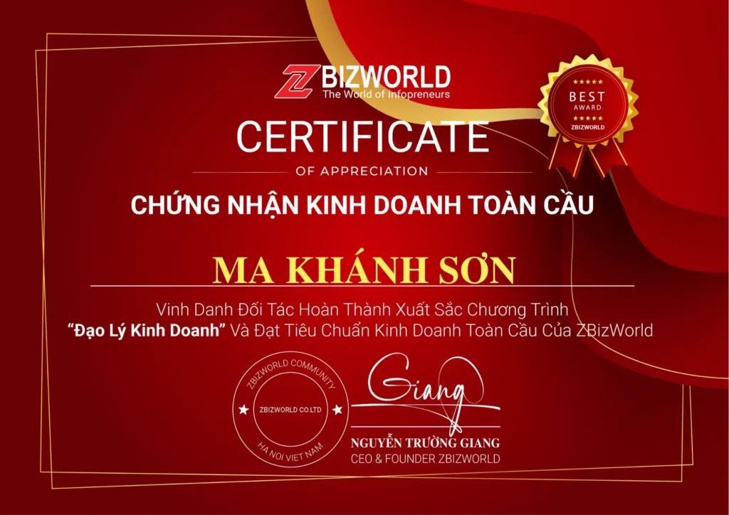 Chứng nhận Đạo Lý Kinh Doanh của Ma Khánh Sơn