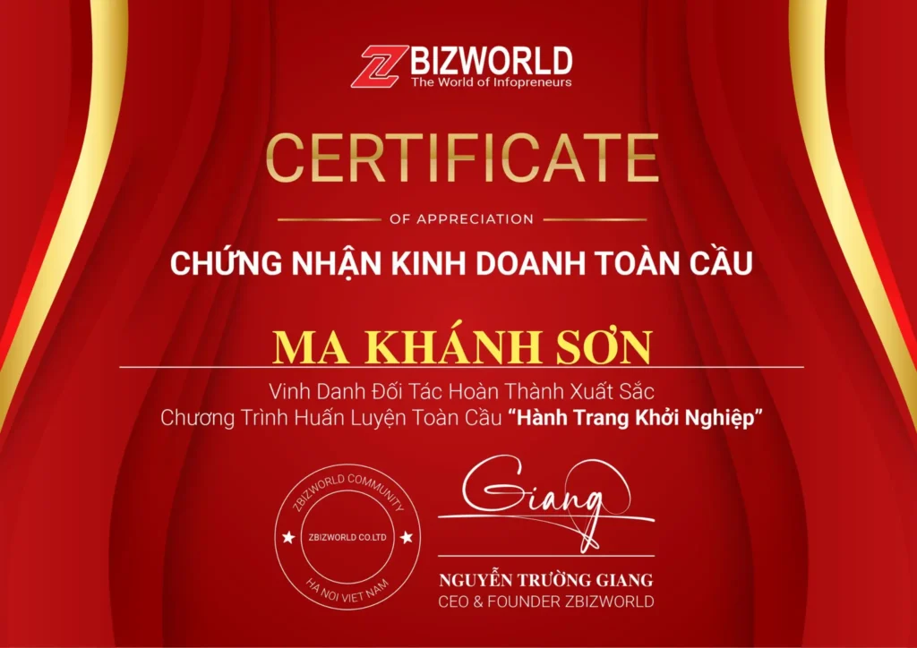 Chứng nhận Hành Trang Khởi Nghiệp của Ma Khánh Sơn
